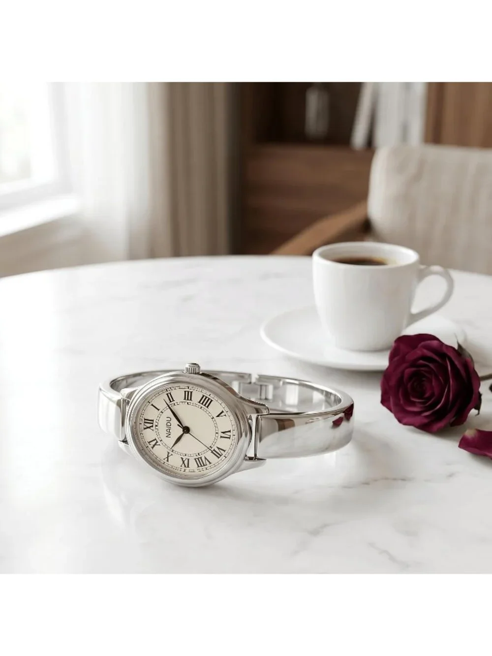 Women's Silver/White Elegant Open-Cuff Bracelet Roman Numeral Dial Wrist Watches